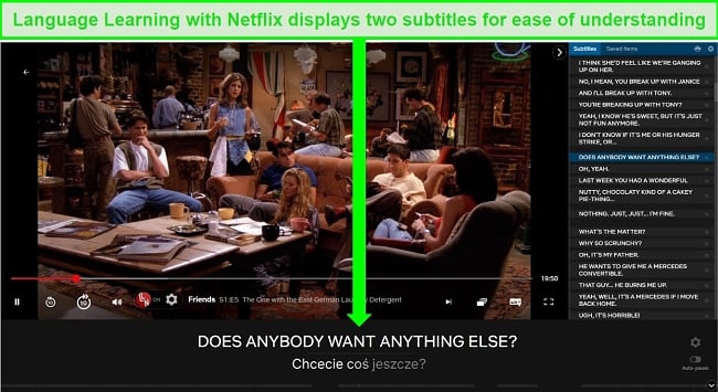 Screenshot of the Language Learning with Netflix Chrome extension, while playing Friends with English and Polish subtitles