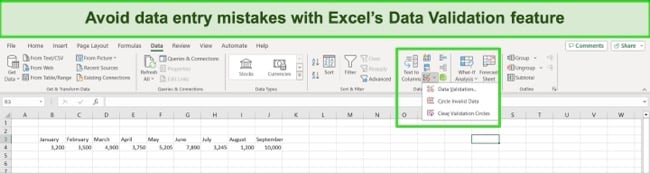 Schermata di Excel 365 per evitare errori di immissione dei dati
