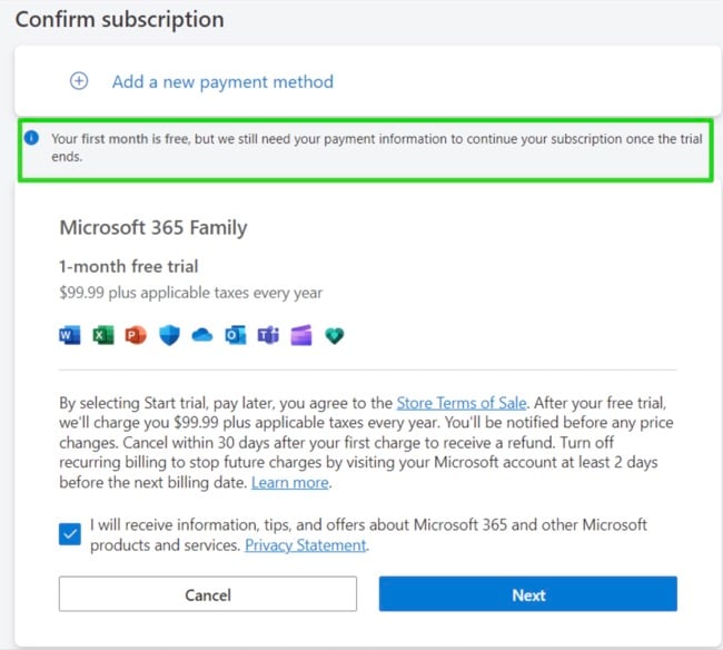 Excel 365 confirm subscription screenshot