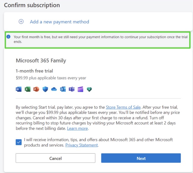 Excel 365 confirm subscription screenshot