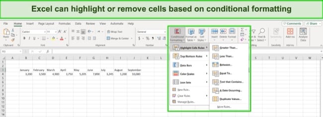 Excel 365 highlight remove cells based on conditional formatting screenshot