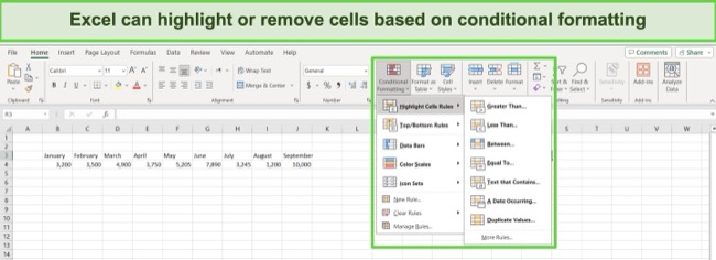 Excel 365 highlight remove cells based on conditional formatting screenshot