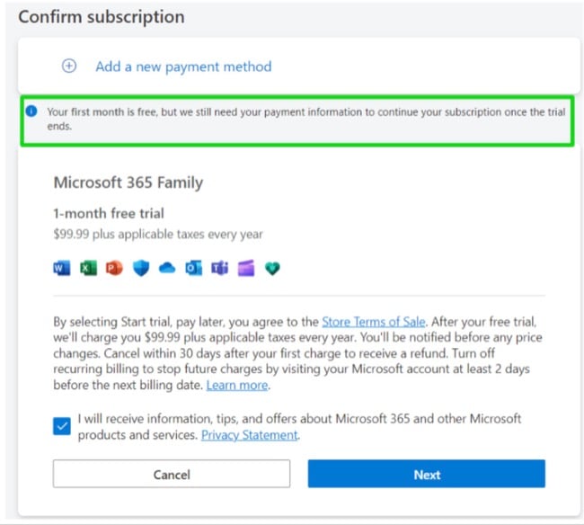 Microsoft Outlook confirm subscription screenshot