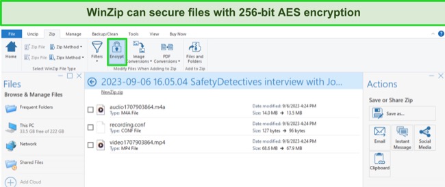 ไฟล์ WinZip ที่ปลอดภัยพร้อมภาพหน้าจอการเข้ารหัส AES 256 บิต