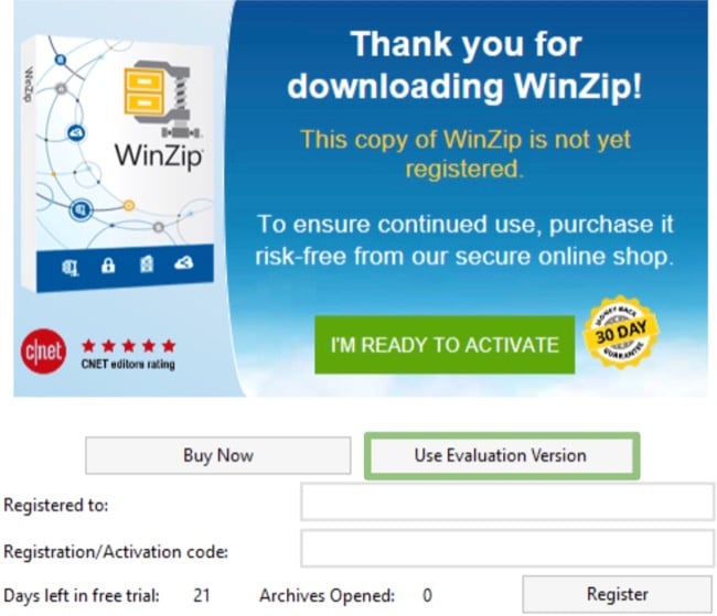 ใช้ WinZip เวอร์ชันที่ได้รับการประเมิน