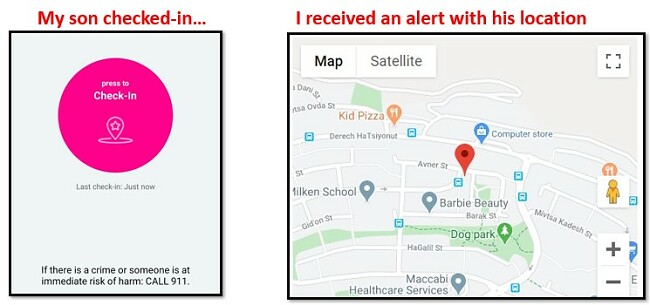 Screenshot of Bark parental control alert notification showing details of phones location and checked in place