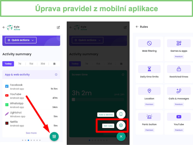 Nastavení pravidel z mobilní aplikace