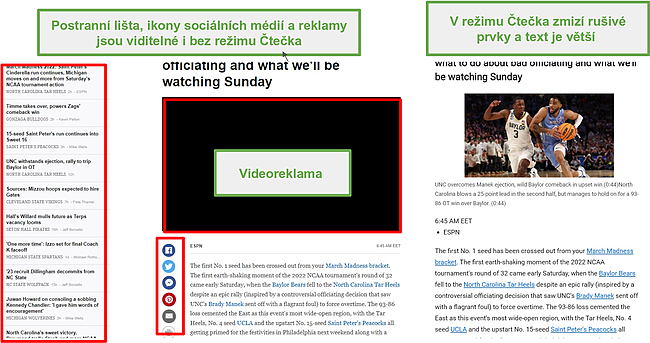 Snímek obrazovky režimu Reader odstraňuje nepořádek