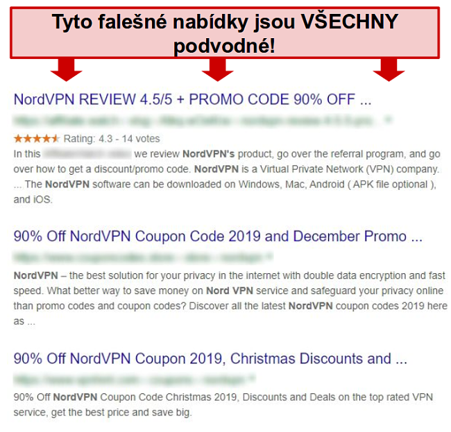 Výsledky Google zobrazující falešné slevy NordVPN
