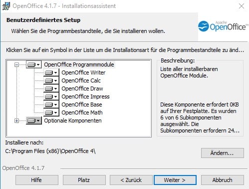 OpenOffice - benutzerdefinierte Installation