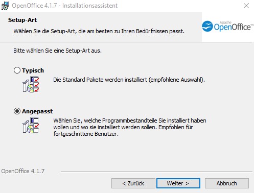 OpenOffice Benutzerdefinierte oder typische Installation