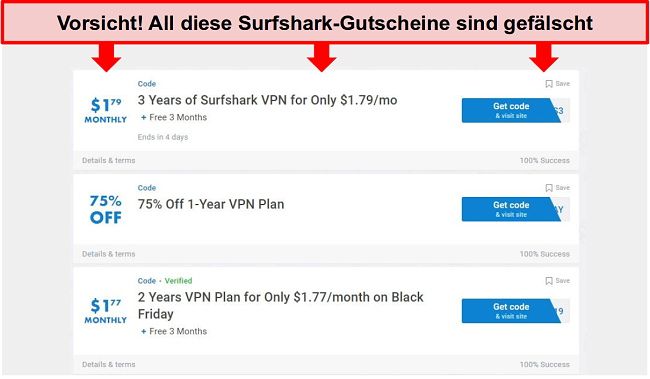 Screenshot von gefälschten Surfshark-Gutscheinen