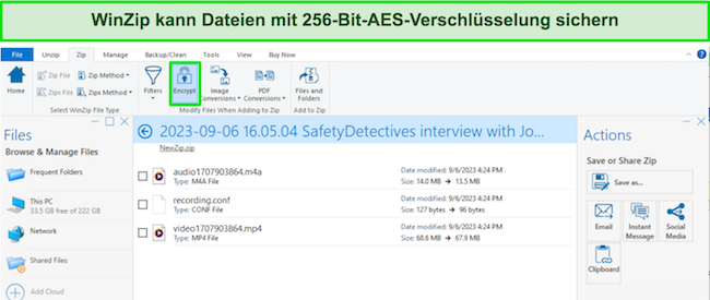 Screenshot sicherer WinZip-Dateien mit 256-Bit-AES-Verschlüsselung