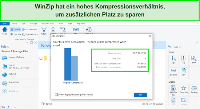 Screenshot des WinZip-Komprimierungsverhältnisses