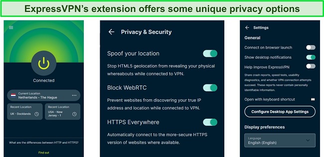 Screenshot of ExpressVPN's Chrome extension and its security settings.