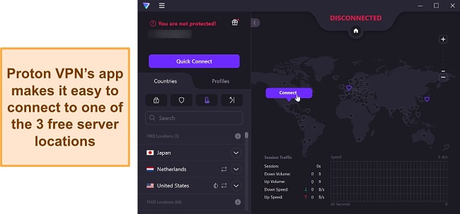 Screenshot of Proton VPN's server overview displaying its 3 free server options.