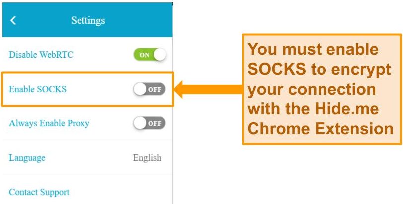 Screenshot of Hide.me's Enable SOCKS feature.