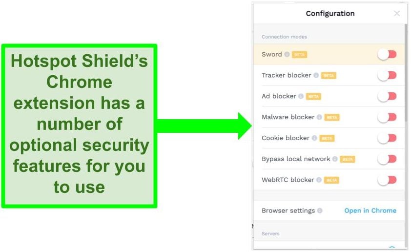 Screenshot of Hotspot Shield's Chrome extension configuration settings.