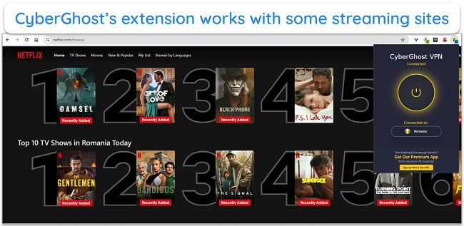Image of CyberGhost's Chrome extension connected to the Romania server and working with Netflix Romania