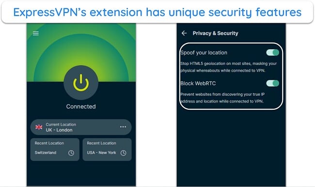 Screenshots of ExpressVPN's Chrome app, showing its unique security and privacy features