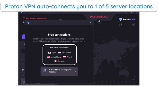 Image of Proton VPN's Windows app, showing its free server locations.