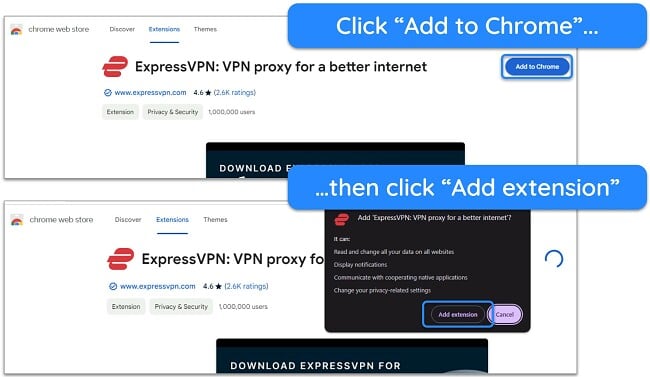Screenshots of Chrome Web Store and ExpressVPN extension, showing the method of adding the extension to Chrome
