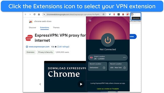 Image of ExpressVPN's Chrome extension installed and open in the browser