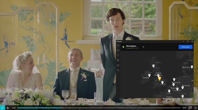 Screenshot of Sherlock playing on UKTV Play while IPVanish connected to a server in Birmingham, UK