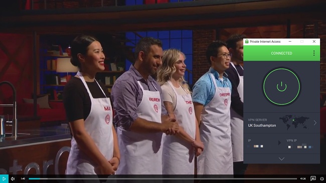 Screenshot of MasterChef Canada playing on UKTV Play while PIA connected to a server in Southampton, UK
