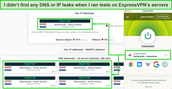 Screenshot of ExpressVPN's leak test results