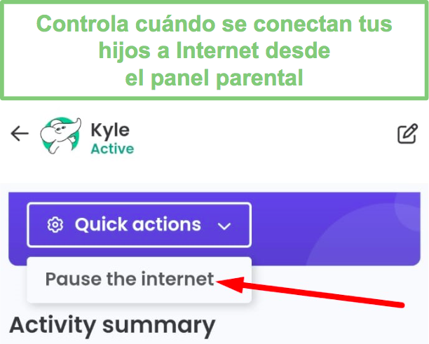 Qustodio pausa Internet en dispositivo infantil