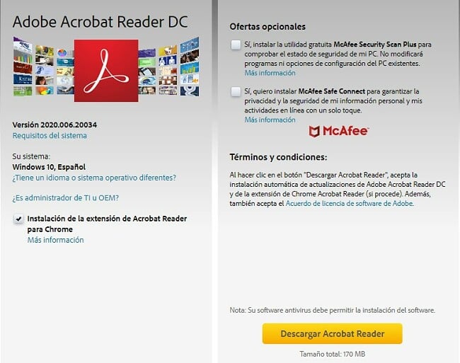 Página de descarga de Adobe Acrobat Reader DC