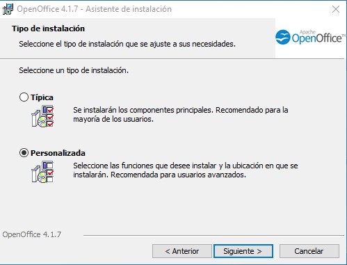 Instalación personalizada o típica de OpenOffice