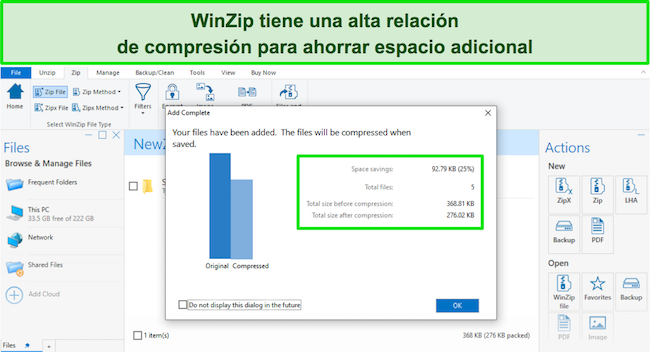 Captura de pantalla de la relación de compresión de WinZip