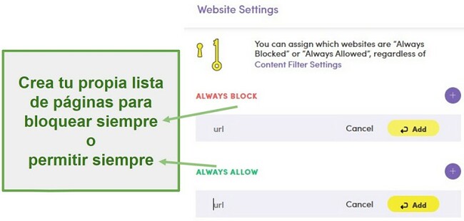 Configuración del sitio web de Net Nanny