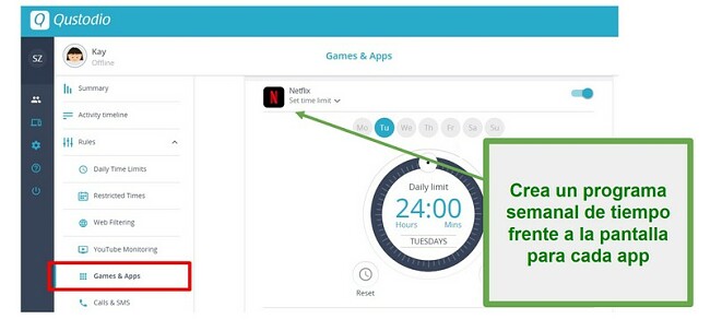 Qustodio establece límites en las aplicaciones