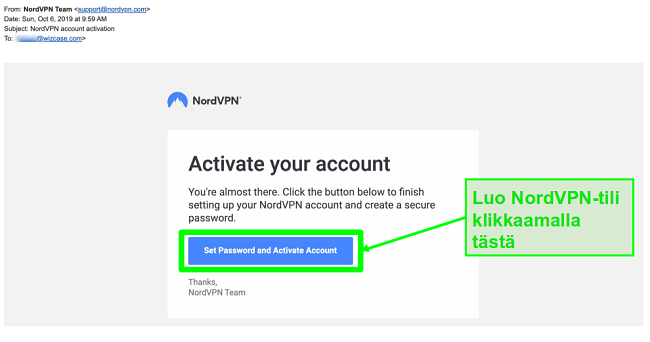 Näyttökuva NordVPN-tilin aktivointisähköpostiviestistä