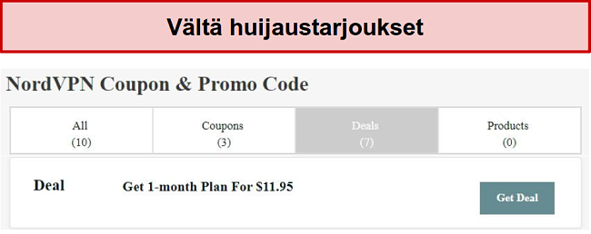 Verkkosivusto, joka näyttää väärennetyn NordVPN-alennustarjouksen