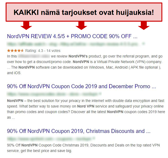 Google-tulokset, joissa näytetään vääriä NordVPN-alennuksia