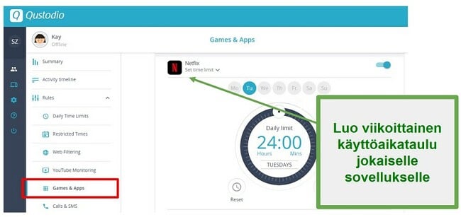 Qustodio asetti rajoituksia sovelluksille