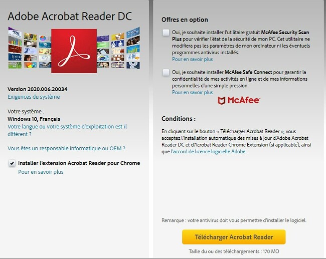 Page de téléchargement d'Adobe Acrobat Reader DC
