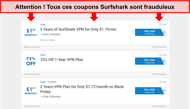 Capture d'écran de faux coupons Surfshark