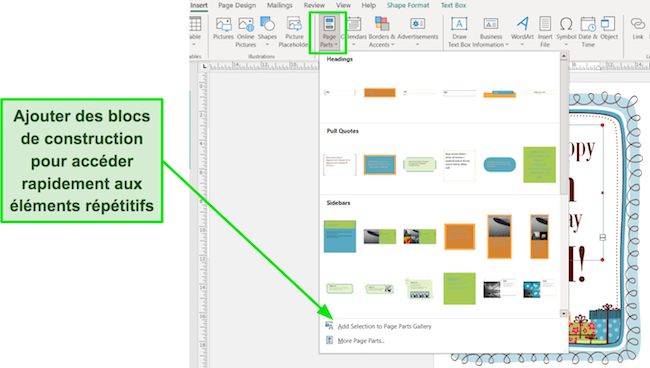 Capture d'écran des blocs de construction Microsoft Publisher