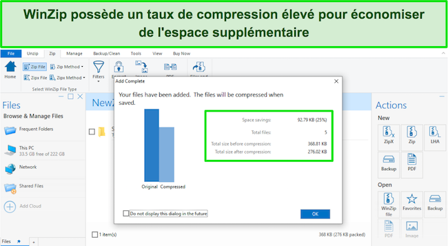 Capture d'écran du taux de compression WinZip