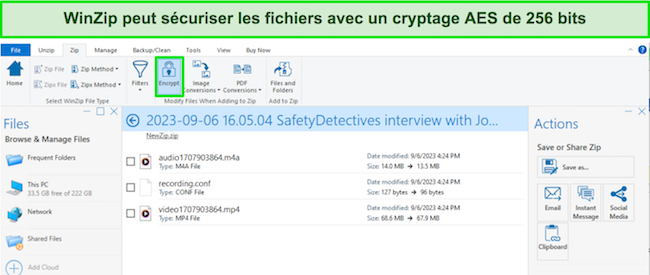 Capture d'écran des fichiers sécurisés WinZip avec cryptage AES 256 bits