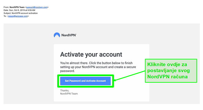 Snimka zaslona e-pošte za aktivaciju računa NordVPN