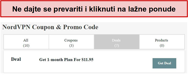 Web lokacija koja prikazuje lažnu ponudu za popust NordVPN