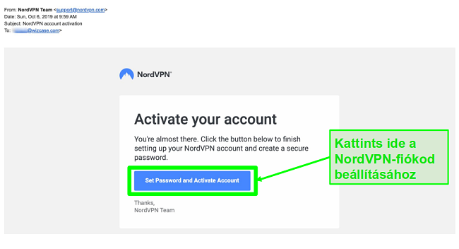 A képernyőképe a NordVPN-fiók aktiválásáról