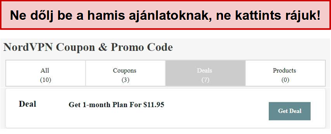 Egy hamis NordVPN kedvezményes üzletet mutató webhely