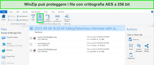 WinZip protegge i file con screenshot di crittografia AES a 256 bit